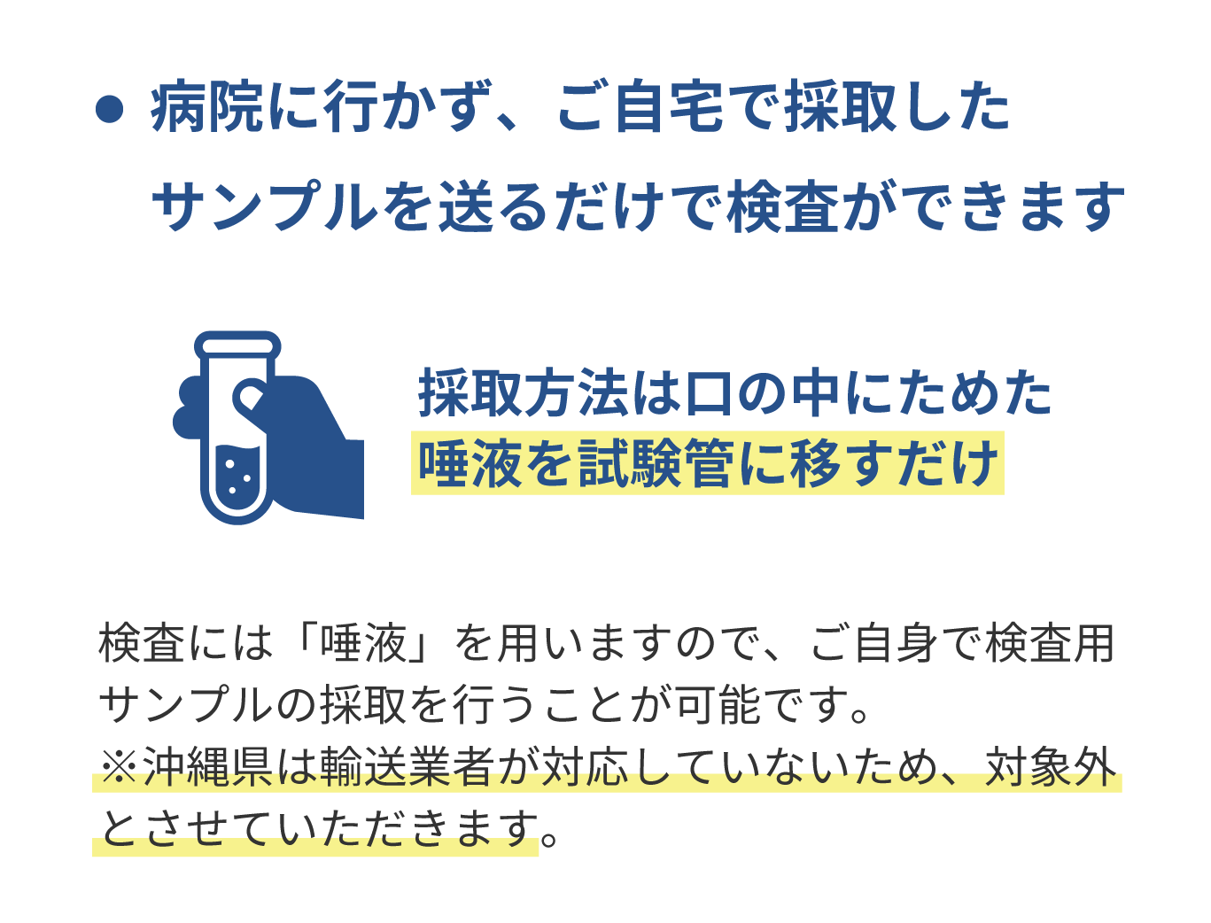 病院に行かず、ご自宅で検査できます　「採取方法は口の中にためた唾液を試験管に移すだけ」　検査には「唾液」を用いますので、ご自身で検査用サンプルの採取を行うことが可能です。