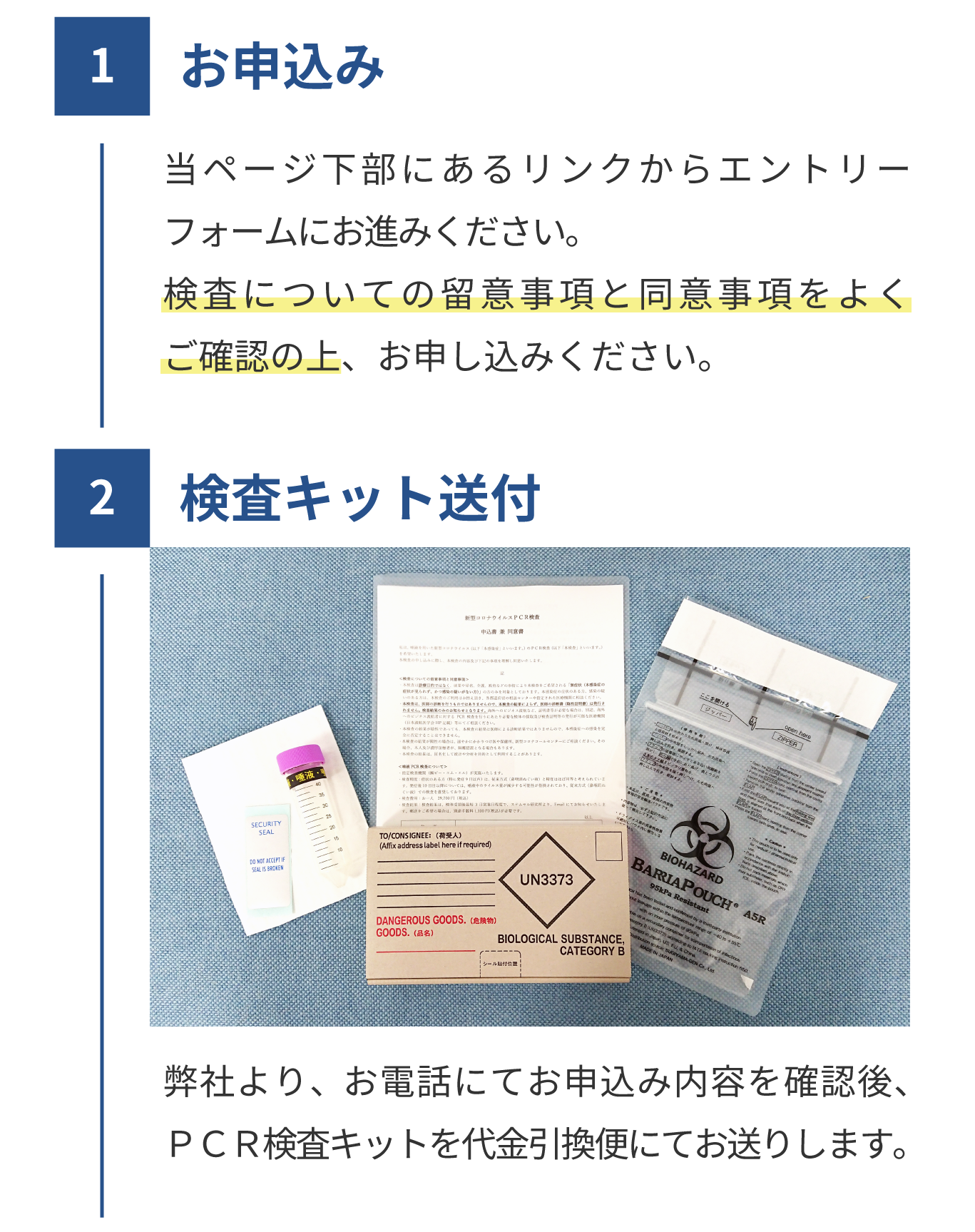 「お申込み」当ページ下部にあるリンクからエントリーフォームにお進みください。検査についての留意事項と同意事項をよくご確認の上、お申し込みください。「検査キット郵送」弊社より、お電話にてお申込み内容を確認後、 ＰＣＲ検査キットを代金引換便にてお送りします。