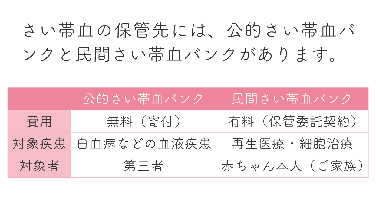 さい帯血の保管先には、公的さい帯血バンクと民間さい帯血バンクがあります。